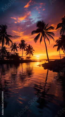 Generative AI Overhead shot capturing the silhouette of palm trees on remote islands against the stunning backdrop of a vibrant sunset, casting golden reflections on the tranquil waters below. photore