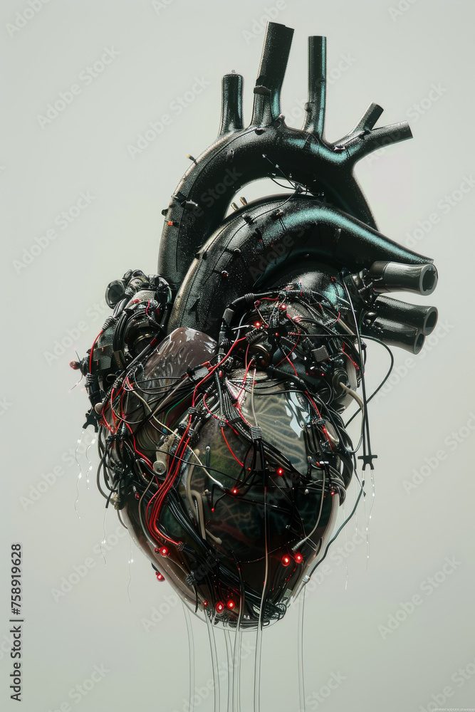 An artificial heart is shown with many electrical connections and wires. An artificial heart is shown with many electrical connections and wires.