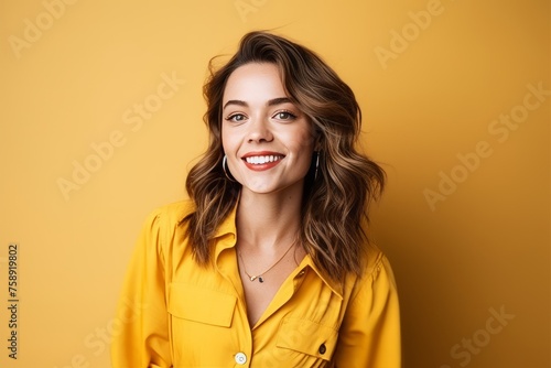 Portrait of a beautiful young woman in yellow shirt on yellow background © Loli