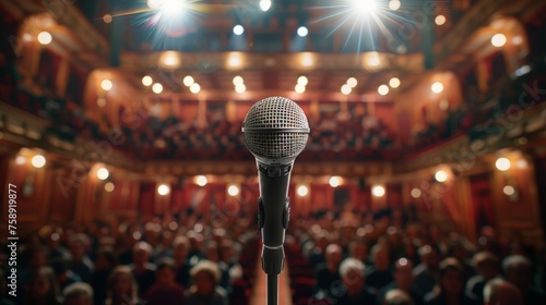 Close-Up of a Microphone on Stage Overlooking an Empty Theater Auditorium