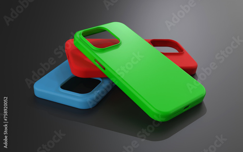 Three colorful smartphone cases on dark background. Smartphone accessory.