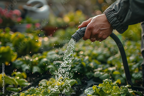 Close up of a hand holding a hose pipe watering the garden in summer