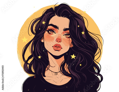 Vector illustration of a beautiful young woman with long hair and stars.