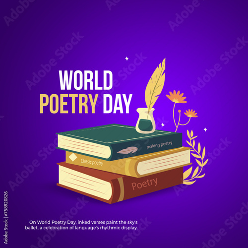 World Poetry Day image with books, a feather pen, and inkwell on a purple background. Perfect for celebrating literary arts and poetry lovers worldwide