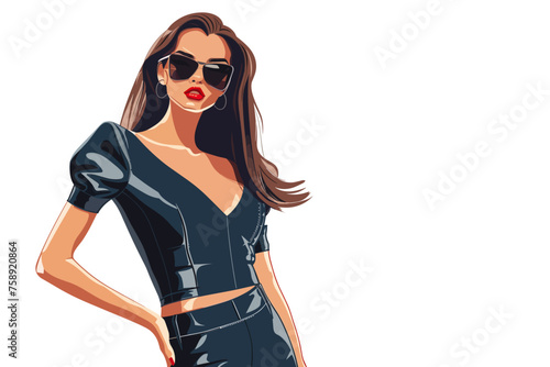 Beautiful sexy woman in black dress and sunglasses. Vector illustration.