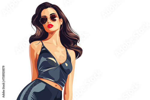 Beautiful young woman in black swimsuit and sunglasses. Vector illustration.