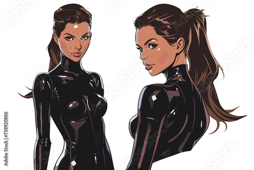 Beautiful sexy woman in black latex clothes. Vector illustration of a beautiful girl.