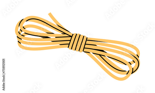 Hand drawn cute cartoon illustration of camping skein of rope. Flat vector outdoor cord for tying sticker in colored doodle style. Tourism survival icon. Adventure, hiking, climbing. Isolated.