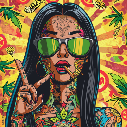 Hippie girl with dreadlocks in sunglasses. Vector illustration.
