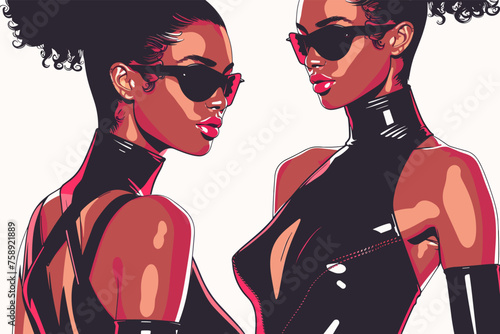 Two beautiful african american women in sunglasses. Vector illustration.