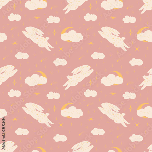 Cute cartoon Bohemian nursery pattern. Boho vector print for wall decor in children's bedroom. Seamless pattern with cartoon rabbits, sky, clouds, planet, crescent moon, stars on pink background.