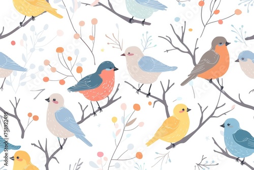 Abstract animal birds seamless pattern banner  wallpaper for kids  bright pastel colors over beige background. Wrapping paper for presents. Baby linen  clothes and products for children