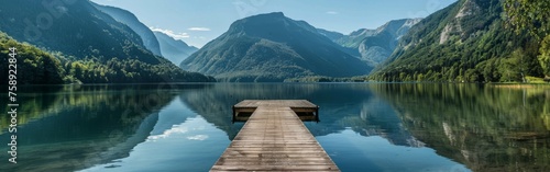 A wooden dock extends into the calm waters of a lake, with no people or boats in sight. The dock sits peacefully in the center of the lake, surrounded by lush greenery and a clear blue sky.