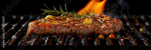 A juicy piece of chop meat is grilled on an open fire with spices, on a dark background