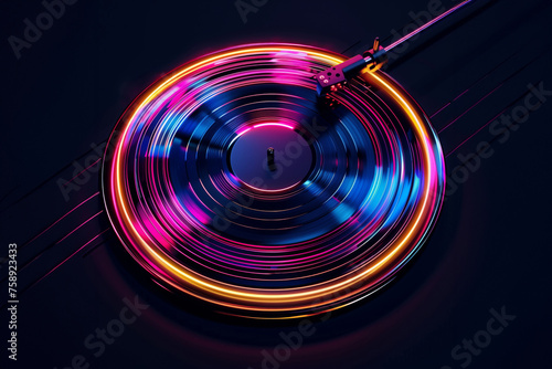 Retro vinyl record player gramophone with neon lights