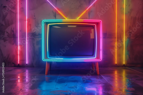 Antique television with neon light contours in dark room. Vintage technology concept