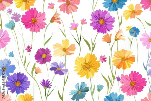 Abstract flowers seamless pattern banner, wallpaper for kids, bright pastel colors over beige white background. Wrapping paper for presents. Baby linen, clothes and products for children