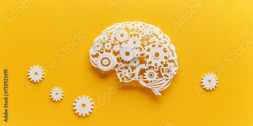 Human brain and gears on yellow background
