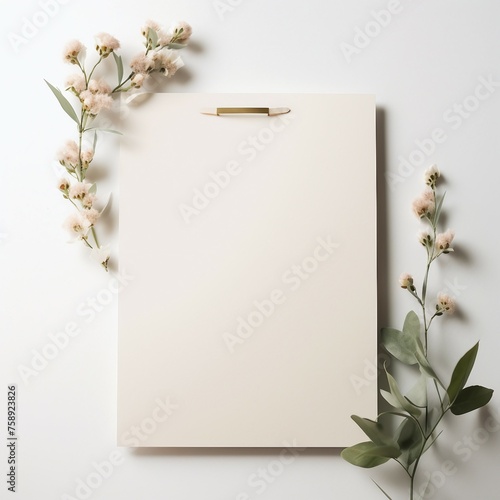 Invitation card, notebook and flowers