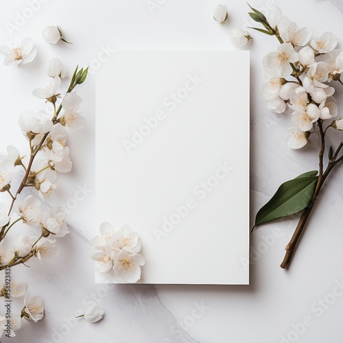 Invitation card, white flowers on wooden background