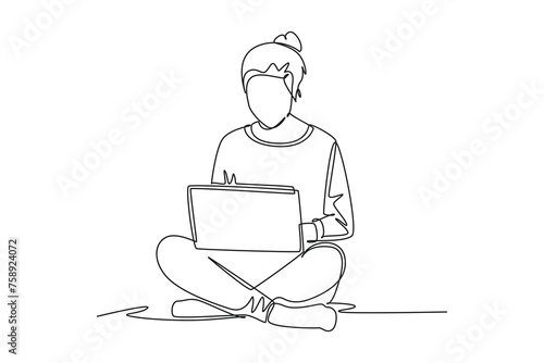 Single continuous line drawing of young woman sitting on the floor working at home. Happy work concept. Trendy one line draw design vector illustration