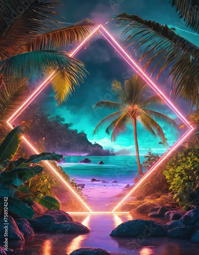 tropical island with palm trees  Close up of Glowing neon light with tropical. Leaves and branches of palm trees. Neon frame blank space for text  flat lay  view from above.