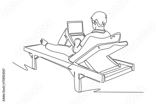 Single continuous line drawing of man sitting on beach while working . Happy work concept. Trendy one line draw design vector illustration