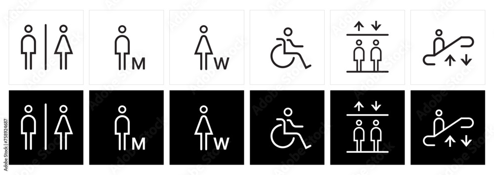 Fototapeta premium Restroom Gender symbol icon. Man, Women and Disabled icon set. Modern simple line pictogram vector. linear restroom signage. WC sign symbol.