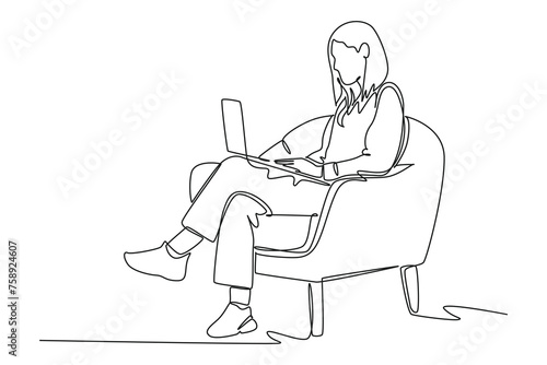 Single continuous line drawing of woman sitting on sofa while working. Happy work concept. Trendy one line draw design vector illustration