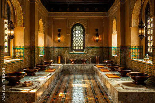 Tranquil moroccan bathhouse interior with ornate decor