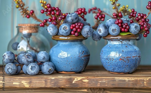 Blue Vases with Berries on Wooden Shelf