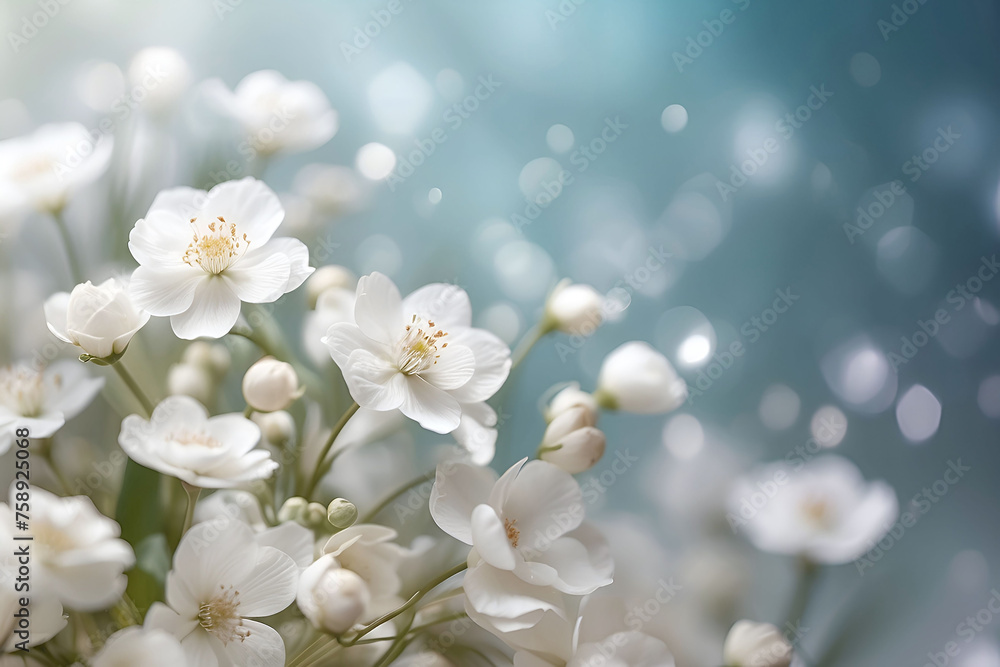 White flowers background with bokeh and copy space