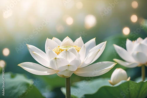Blooming white lotus flower isolated on a pond