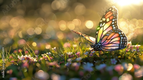 large stunningly beautiful fairy wings Fantasy abstract paint colorful butterfly sits on garden.The insect casts a shadow on nature.The insect has many geometric angles.3d render  © JovialFox