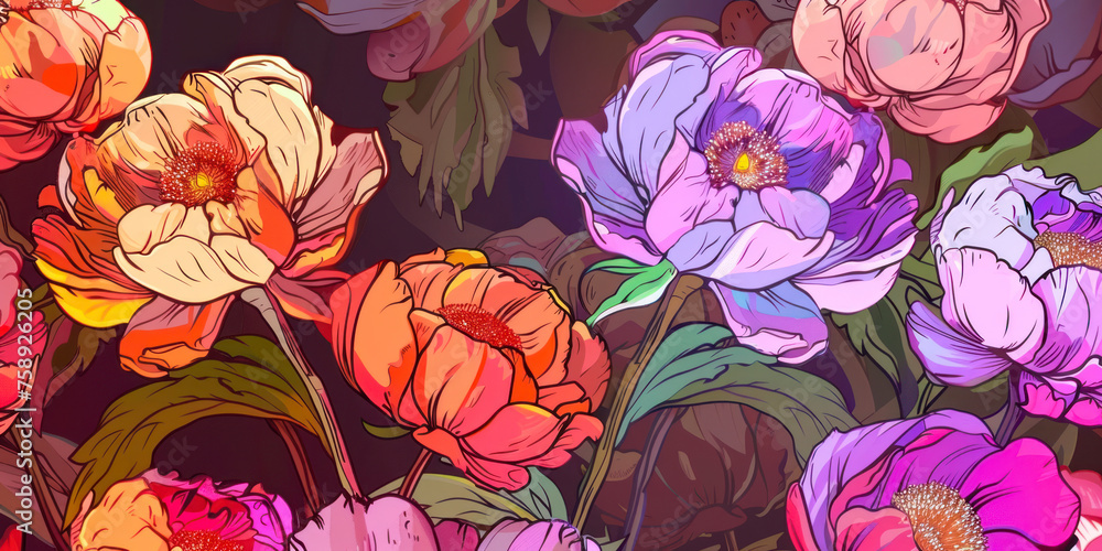 Decorative floral background with flowers of peony. Cartoon colourful sketch. Decorative floral background with flowers of peony. Cartoon colourful sketch.