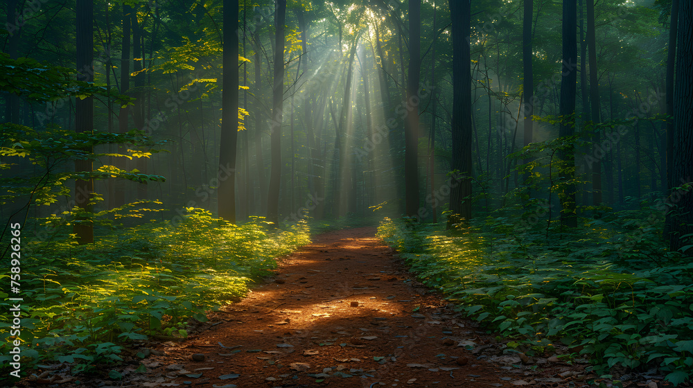 Fototapeta premium Beauty of a forest path drenched in the soft light of dawn. Amidst the towering trees, capture the interplay of shadows and light as the morning sun filters through the canopy.