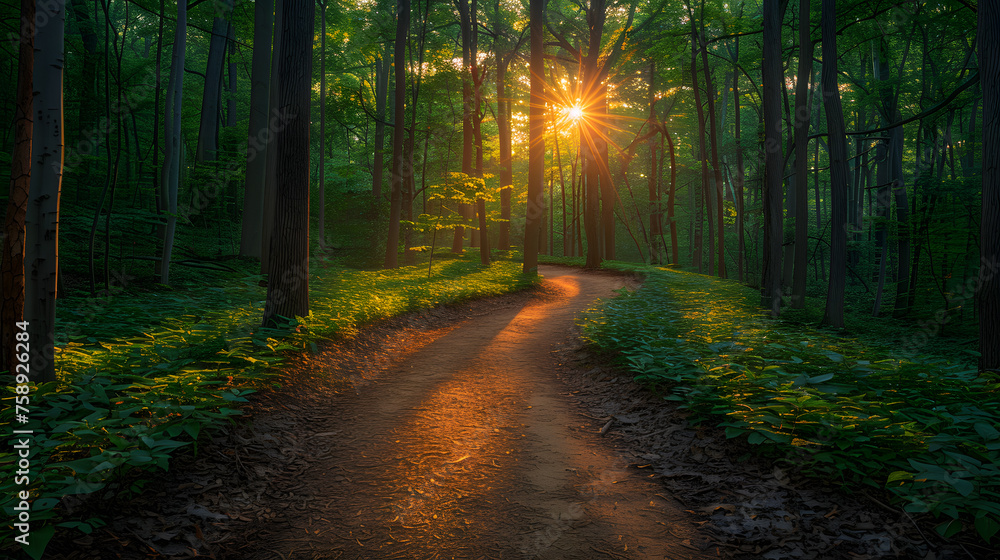 Beauty of a forest path drenched in the soft light of dawn. Amidst the towering trees, capture the interplay of shadows and light as the morning sun filters through the canopy.