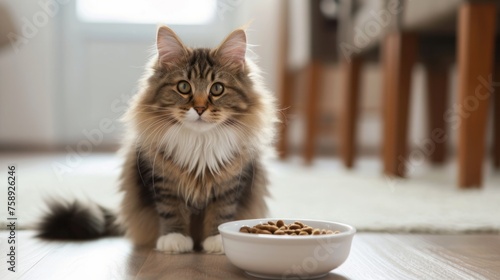 Close up cute cat eating from a bowl against blurred kitchen background, looking at camera with copyspace for text 