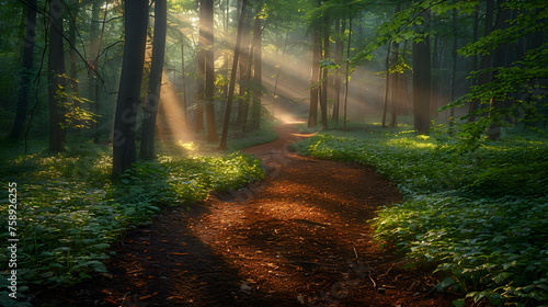 Beauty of a forest path drenched in the soft light of dawn. Amidst the towering trees, capture the interplay of shadows and light as the morning sun filters through the canopy.