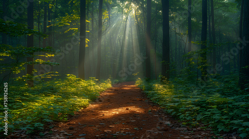 Beauty of a forest path drenched in the soft light of dawn. Amidst the towering trees  capture the interplay of shadows and light as the morning sun filters through the canopy.