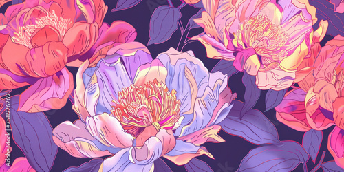 Decorative floral background with flowers of peony. Cartoon colourful sketch.