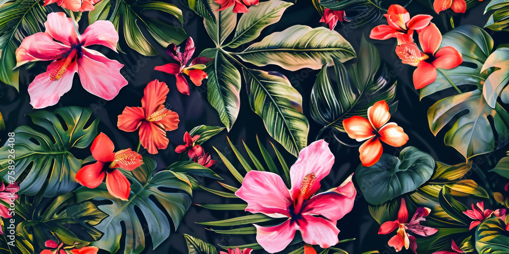 Floral pattern, spring summer background with tropical flowers.