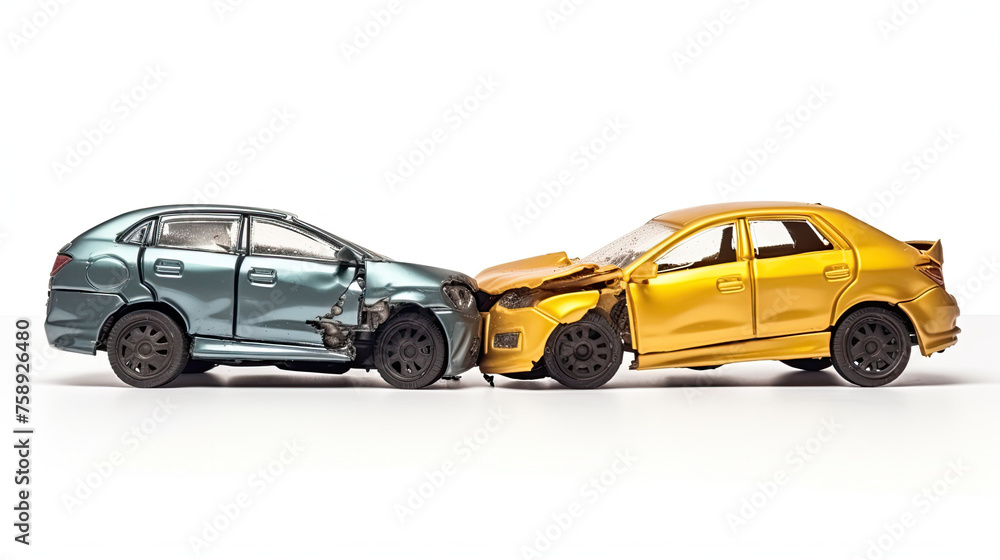 Cars accident violently facing each other, on isolated white background