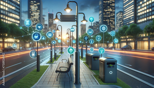 A section of a city street equipped with Internet of Things devices to manage a smart city. These include smart street lights, recycling bins that signal when they are full, and benches with built-in 