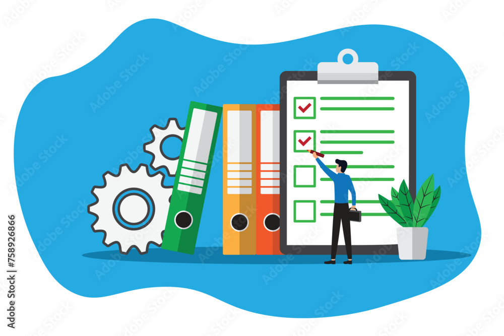 Fototapeta premium Illustration of a person filling out a checklist. The concept of productivity and achievement of business goals, compliance with employee standards and timely completion of tasks.