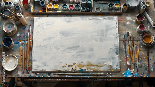 A rectangular painting sits on a wooden table, surrounded by various paints and brushes. The scene is a composite of art, engineering, and visual arts photo