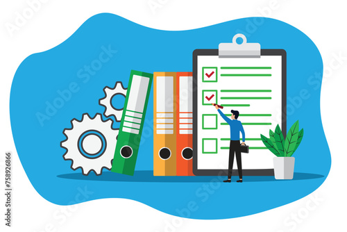 Illustration of a person filling out a checklist. The concept of productivity and achievement of business goals, compliance with employee standards and timely completion of tasks.
