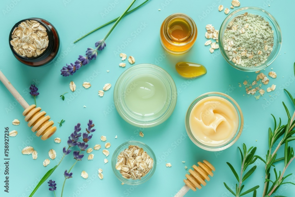 A vibrant flat lay of organic skincare ingredients like honey oats and lavender A vibrant flat lay of organic skincare ingredients like honey oats and lavender