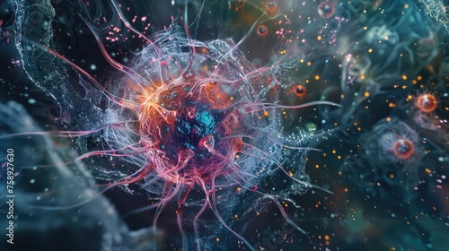 A visualization of a virus particle as a mysterious artifact holding the secrets of life and death