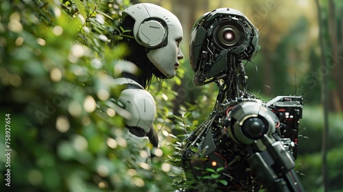 Intricate Mechanical Robot Partially Obscured by Foliage: Intersection of Technology and Nature